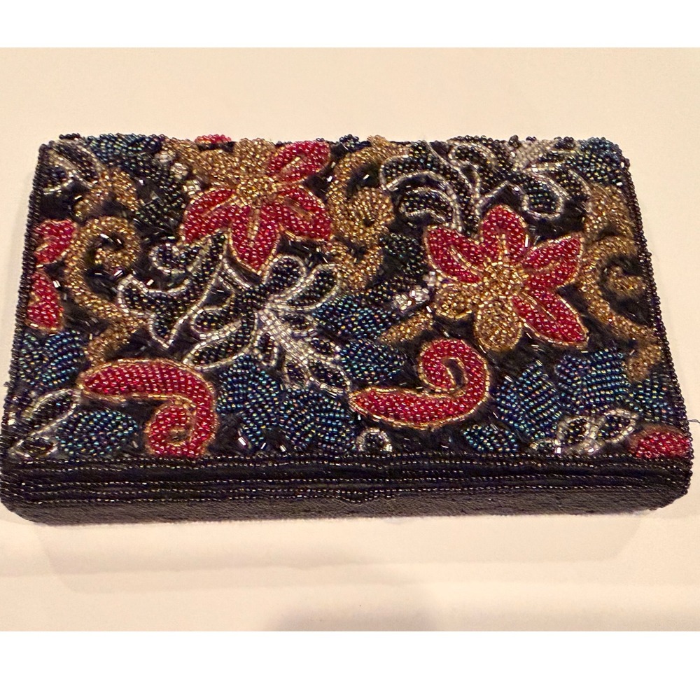 Carolyne Barton Vintage Beaded Floral Paisley Evening Clutch Bag Black Multi